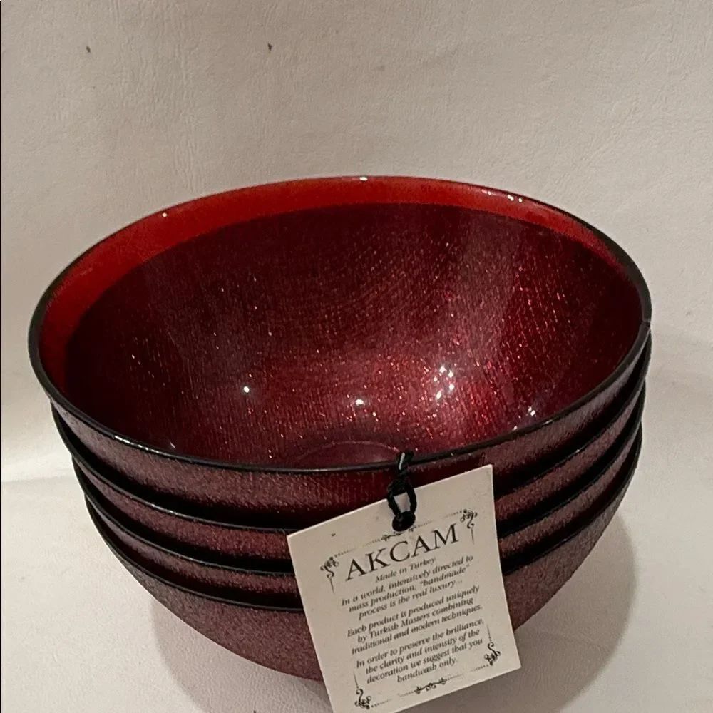 Akcam Ruby Red Glittering Glass 4 Bowl Set 20 Oz 5 1/2 In Round 2 1/2 In Tall
